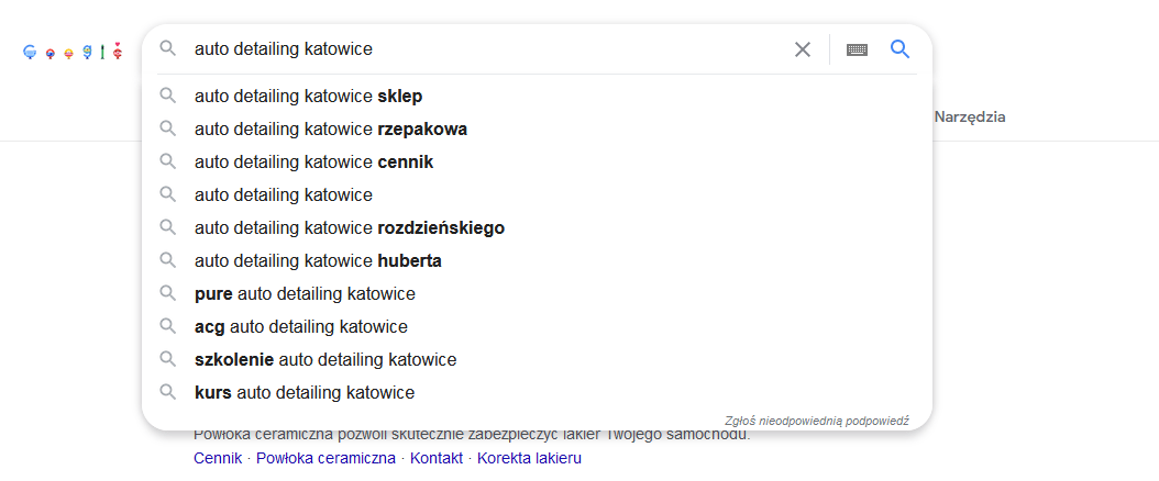 Auto detailing - wyniki w Google