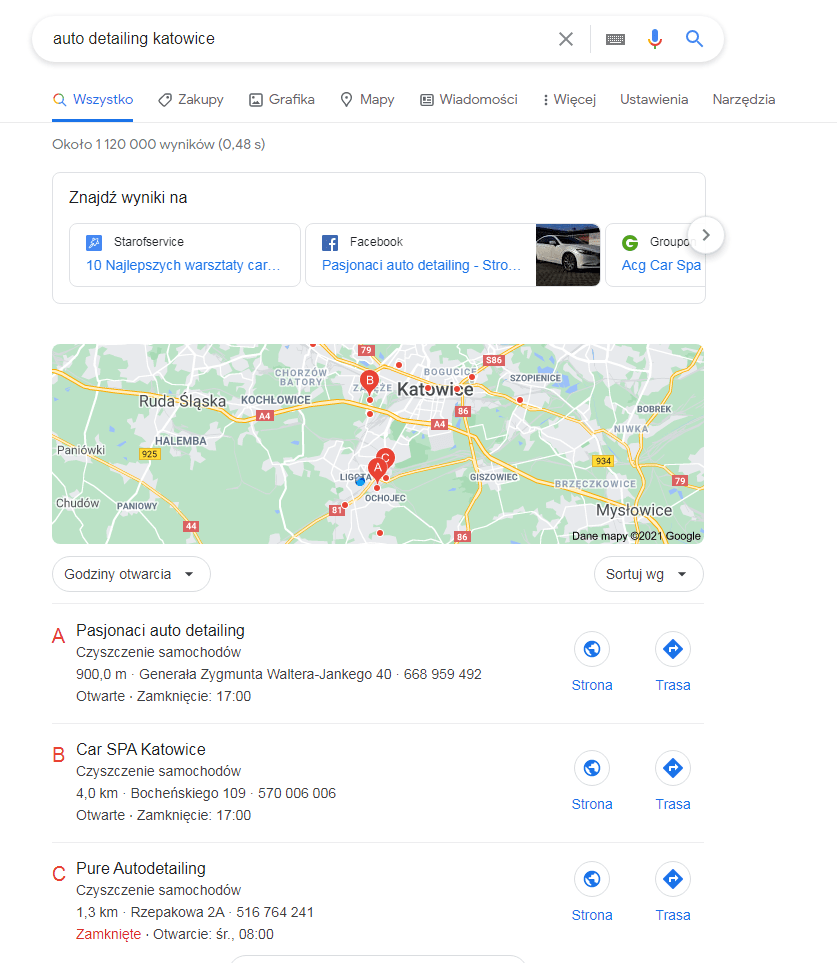 Mapy Google dla auto detailing Katowice