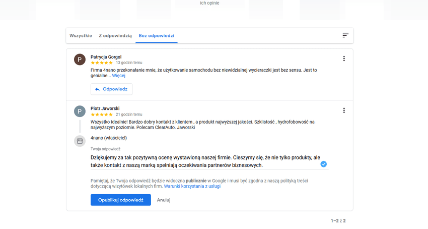 Odpowiadanie na opinie w Google